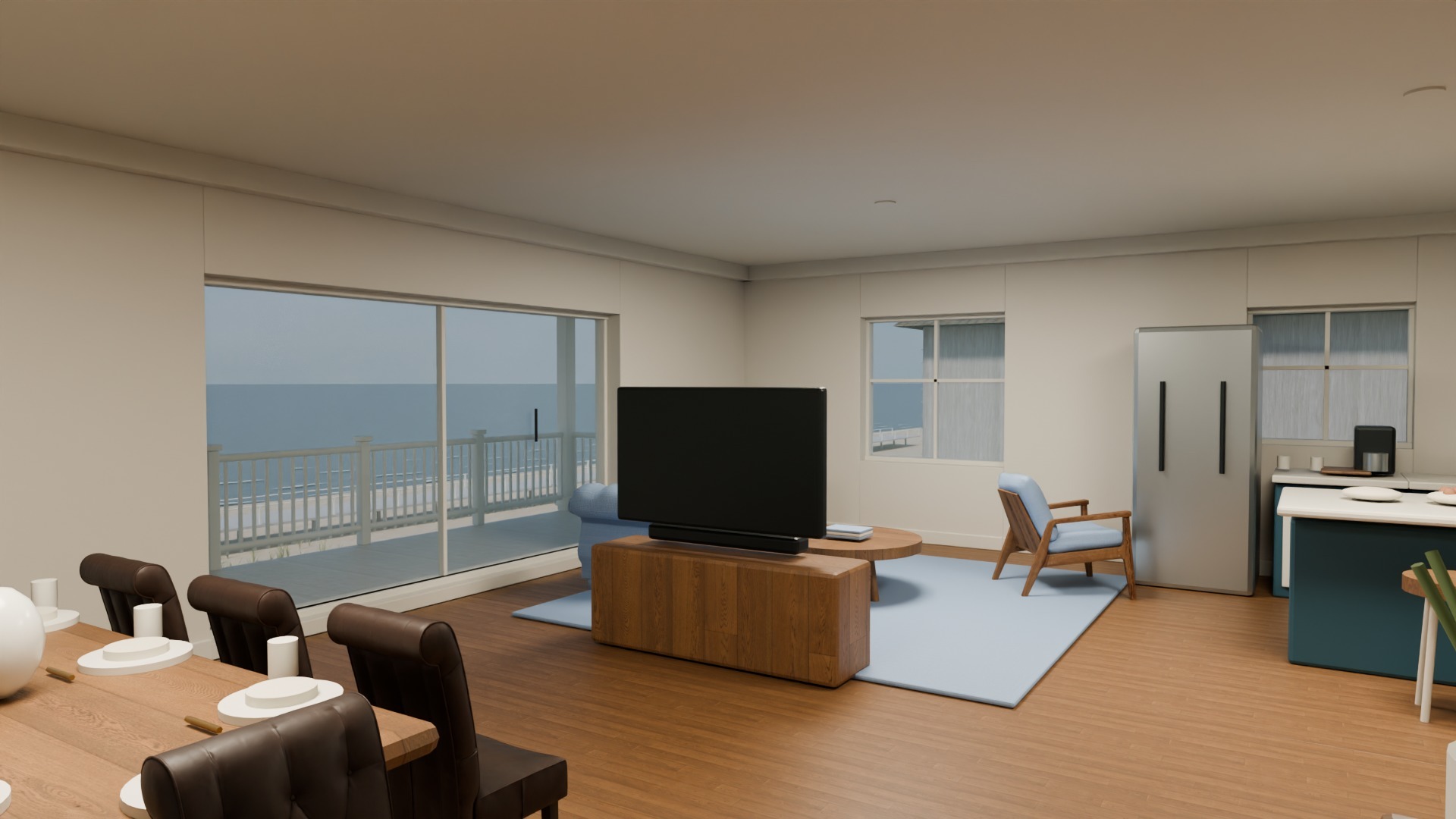 Eye-level view across the upper living room, eight-seat dining table and glazed doors onto the ocean-facing covered porch.