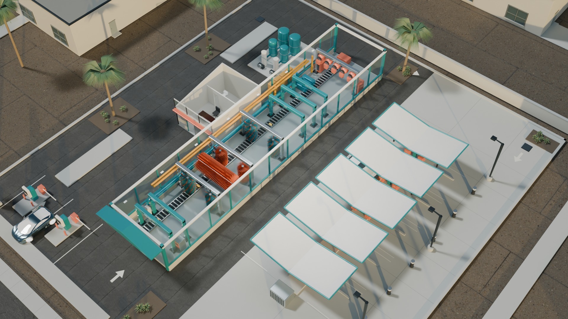 Overhead view showing two entry pay lanes, the long wash tunnel, rear circulation and ten shaded vacuum parking spaces.