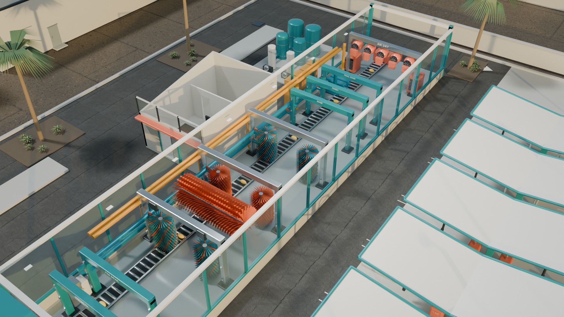 Roof-free view of the conveyor, presoak arches, wash brushes, rinse arches and dryer array inside the glazed tunnel.