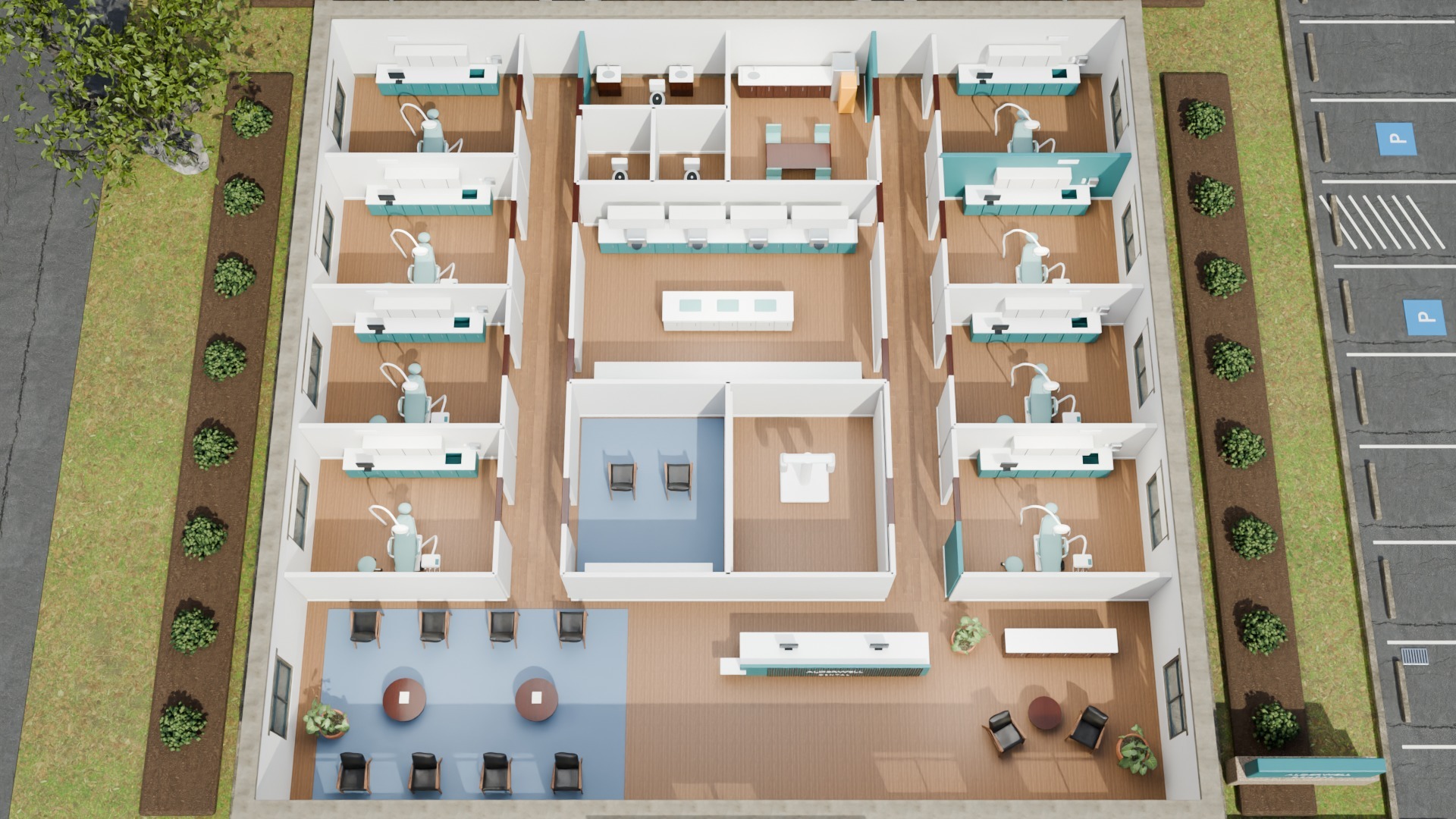 Roof-off view of eight perimeter operatories, two corridors and the central sterilization, imaging and staff room