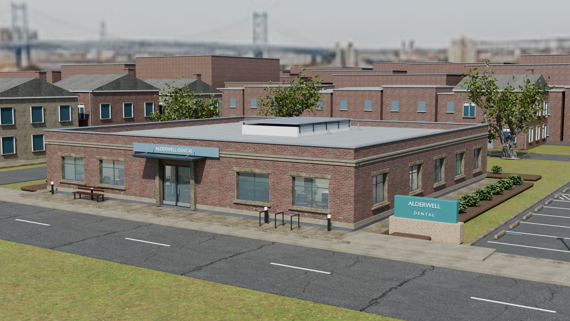 The fictional Alderwell Dental office, a single-story red brick building with a blue entrance sign, canopy and a side parking lot