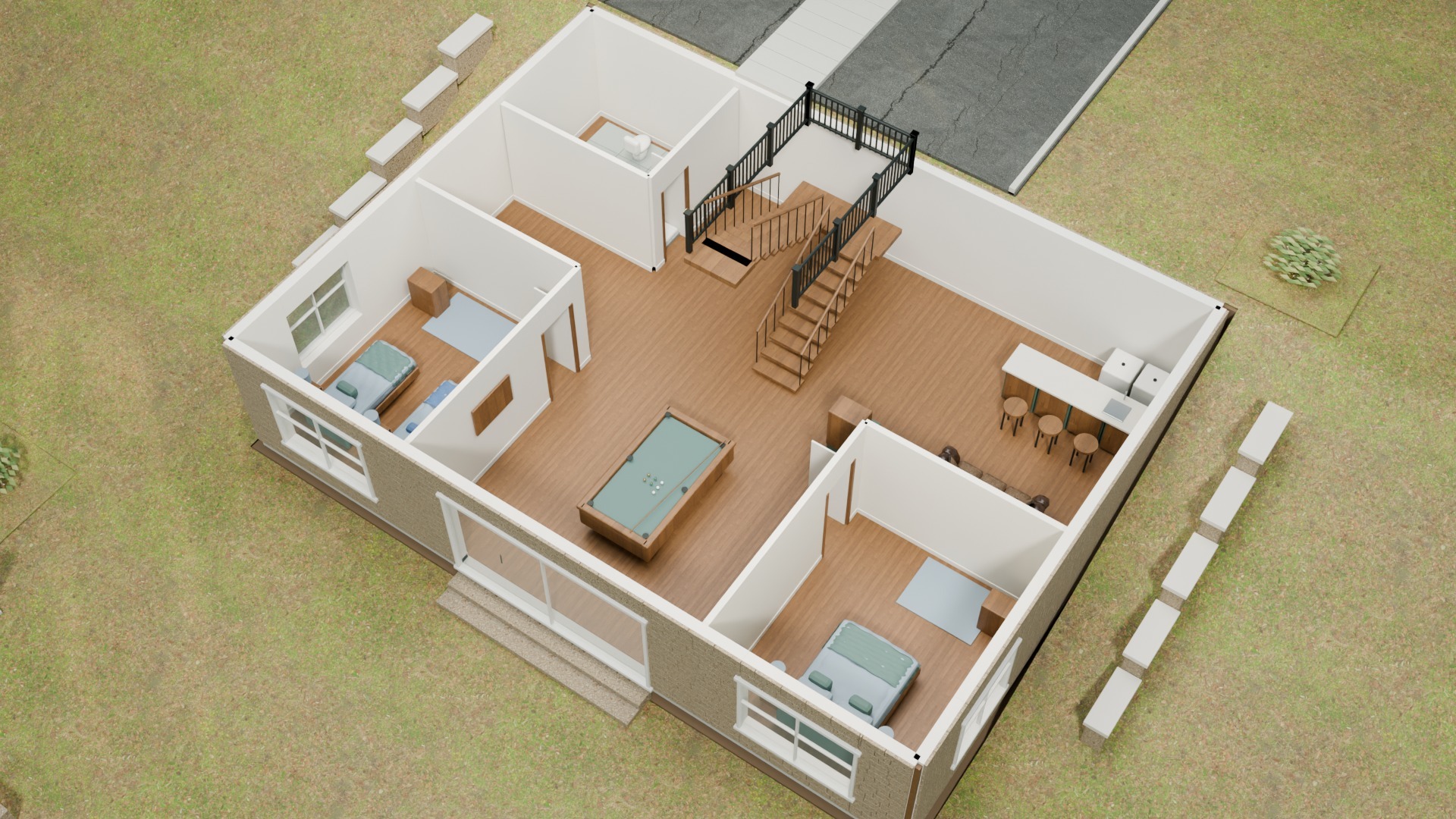 Open lower-floor plan with two bedrooms, shared bathroom, central pool table, arcade, wet bar and interior stairs.
