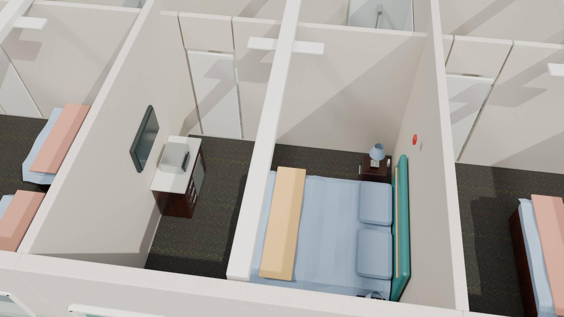 A furnished first-floor king guest room seen from above, with a wall television, a dresser and a nightstand lamp.