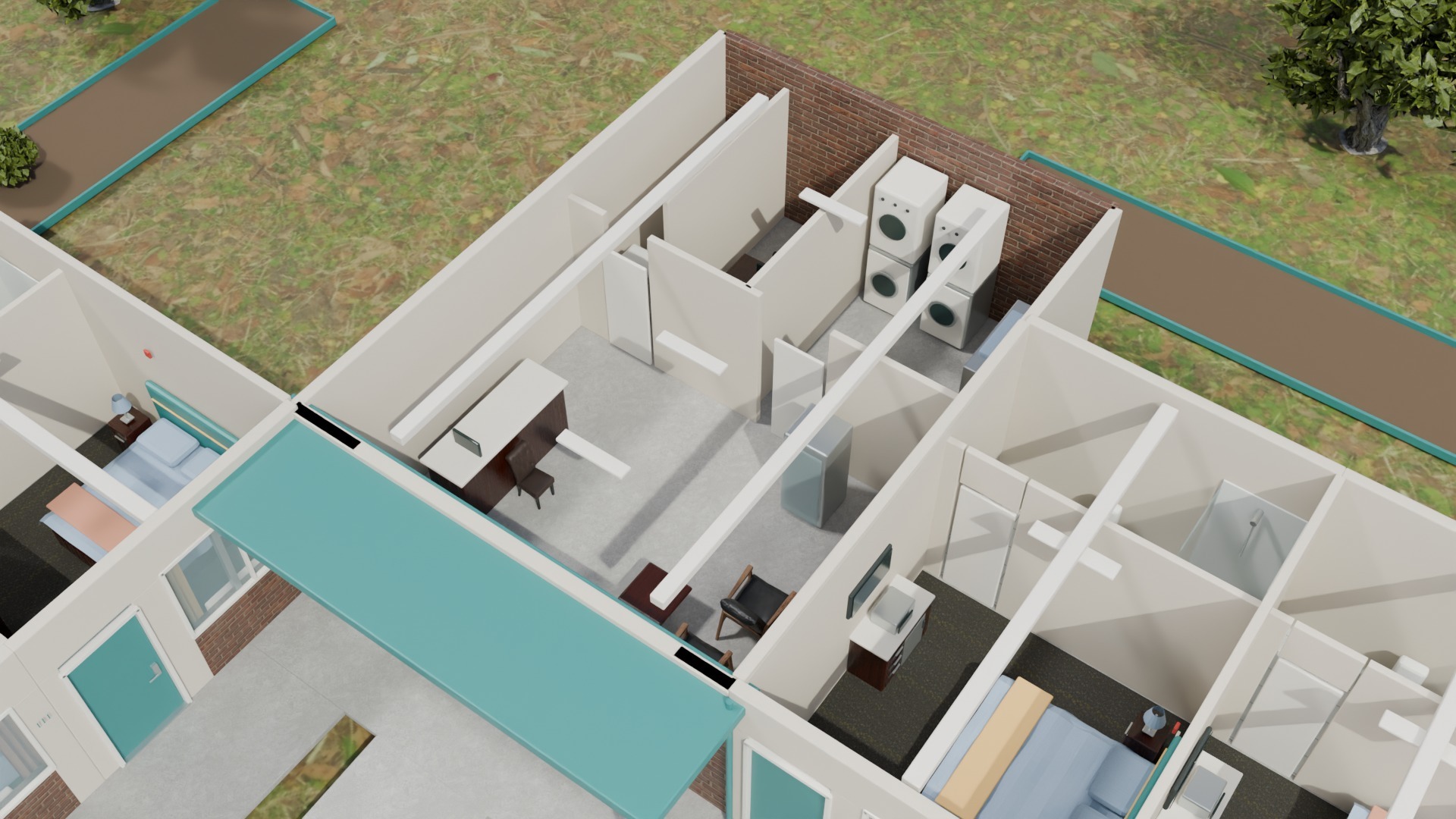 Roof-open reception building with a check-in desk, a tall refrigerator and a separate laundry room with stacked washers and dryers.