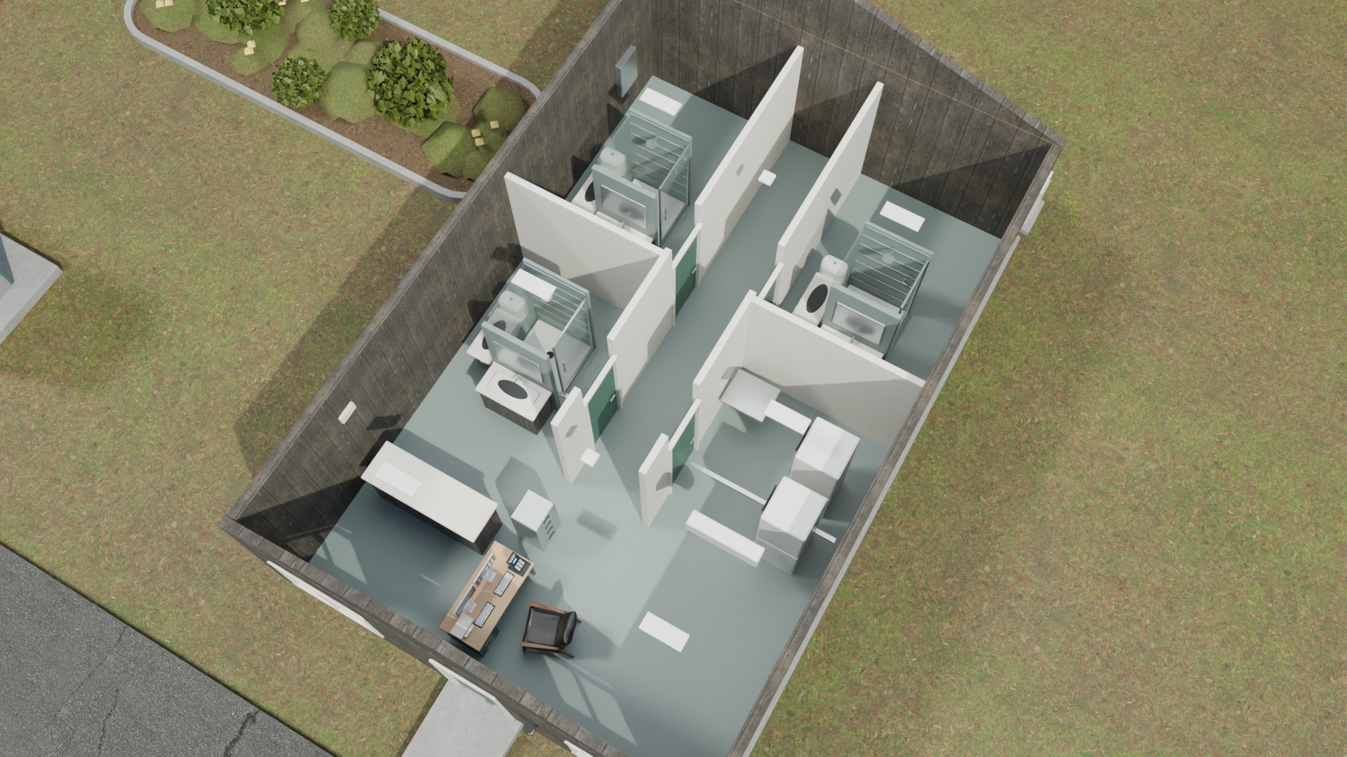 The opened service building shows reception, individual shower and toilet rooms, and a separate guest laundry room.