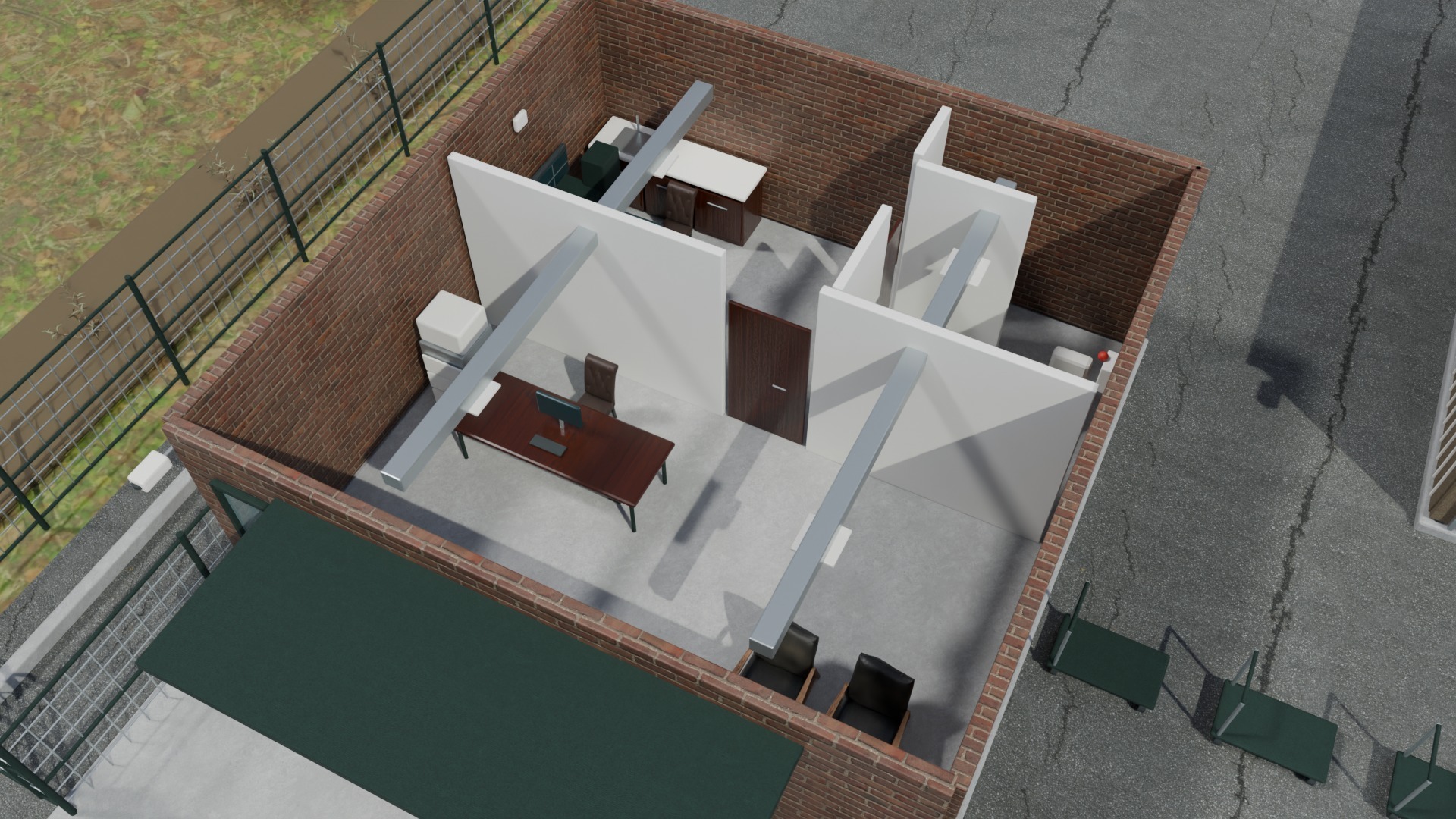 Roof-open leasing office with a desk, seating and a partitioned back room, beside the yard fence.