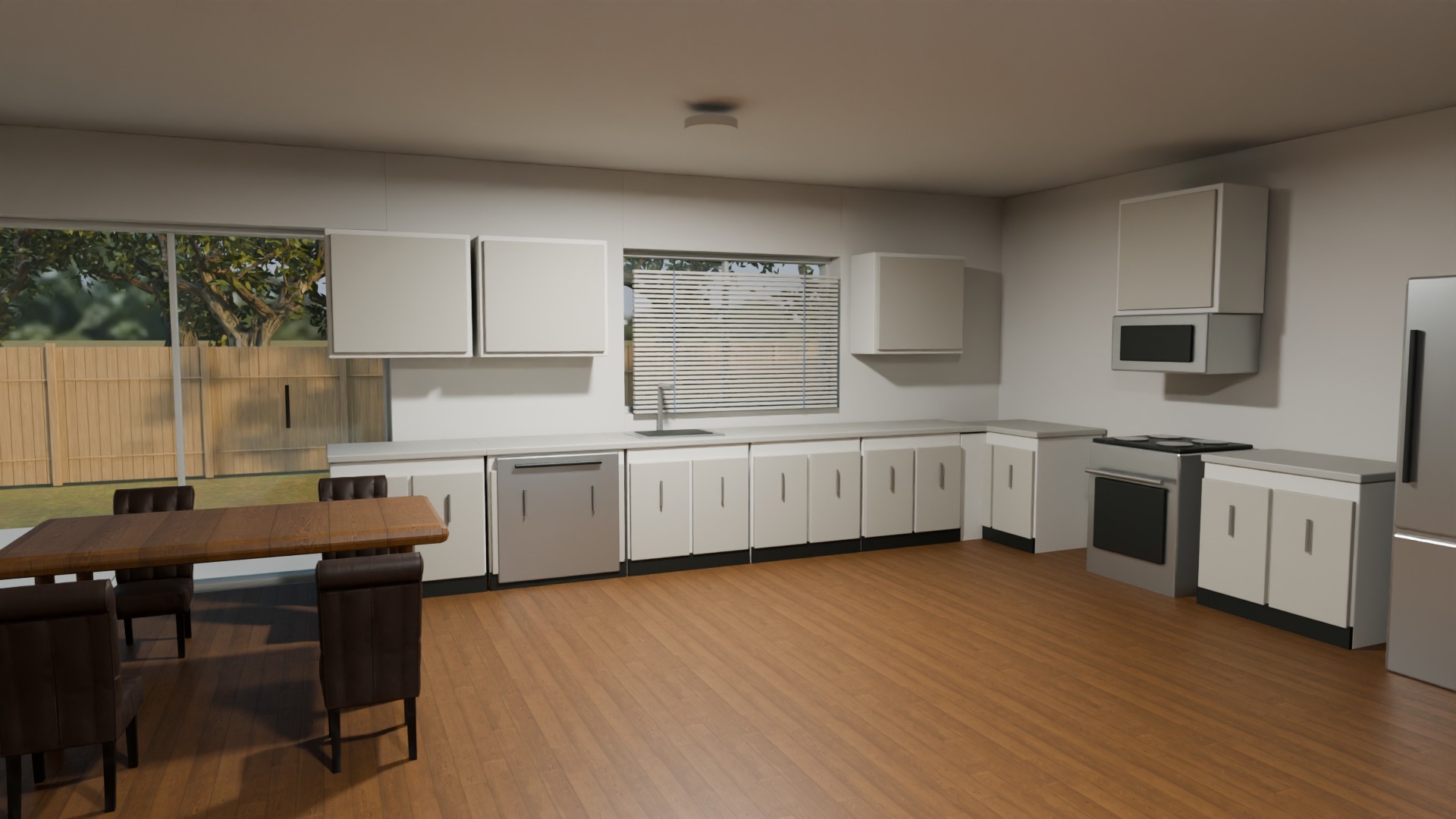 Eye-level interior of a modest rental with permanent kitchen cabinets, separate appliances and tenant-owned furniture staged for scale.