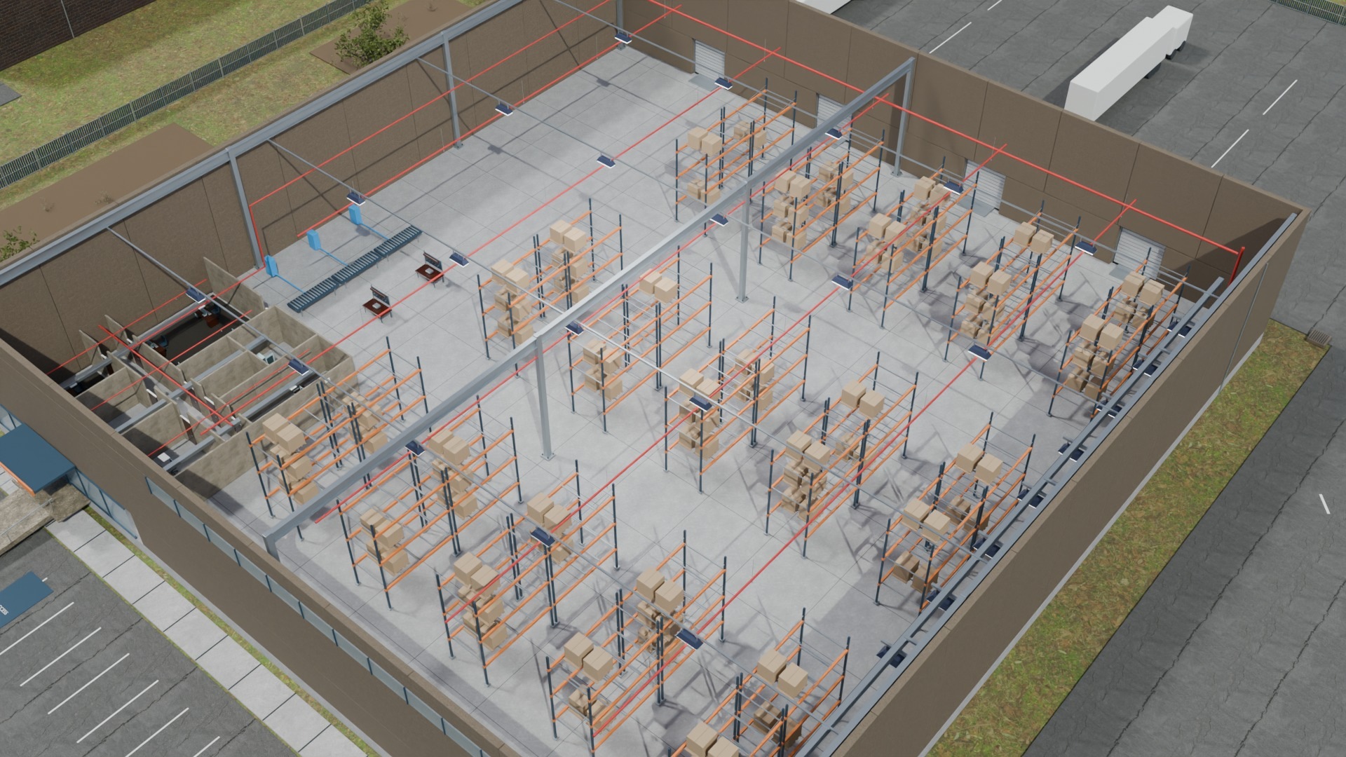 Roof-open warehouse with five rows of orange pallet racks, clear cross-aisles, one conveyor line made of three sections and two packing benches.