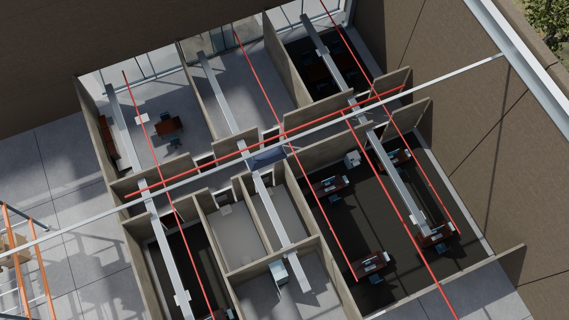 Roof-open office with workstations, a meeting room, two restrooms and a break room beside the warehouse.